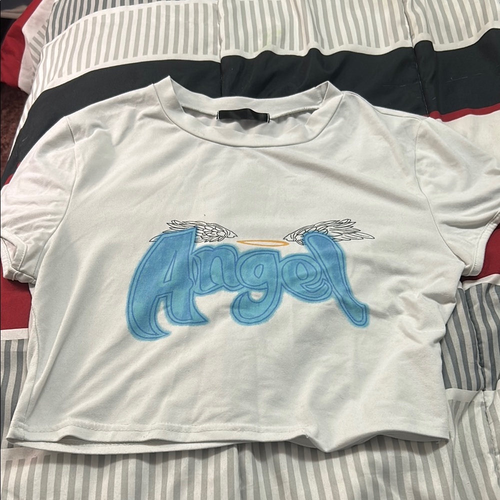 SHEIN White and Blue Angel Crop Top